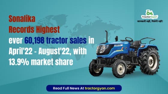 Sonalika records highest ever 60,198 tractor sales in April'22 - August'22, with 13.9% market share Sonalika records highest ever 60,198 tractor sales in April'22 - August'22, with 13.9% market share image