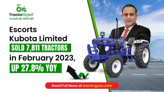 Escorts Kubota registers growth with monthly sales of 7,811 tractors in February 2023, Up 27.8% YoY Escorts Kubota registers growth with monthly sales of 7,811 tractors in February 2023, Up 27.8% YoY image